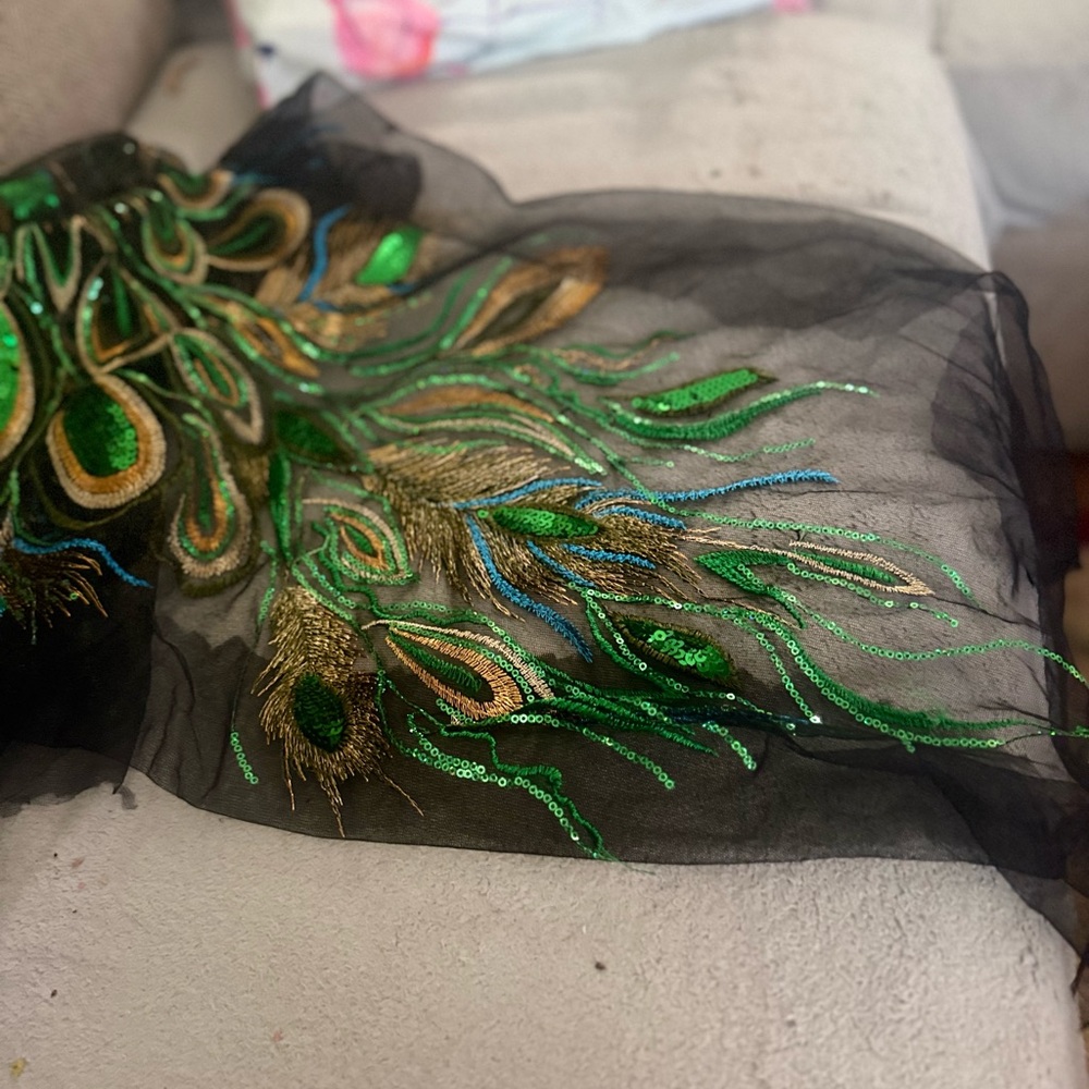 Black Girls' Dress with Green & Gold Peacock Embellishment